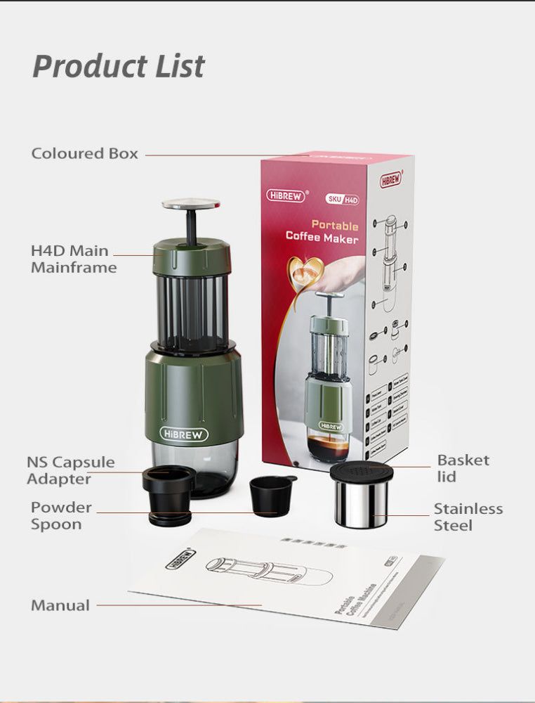 HiBREW H4D brewer, capsule adapter, spoon, filter basket and instructions