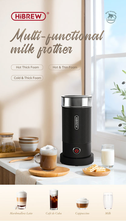 HiBREW M1A — Black milk frother in a serving scene; food and cups are props