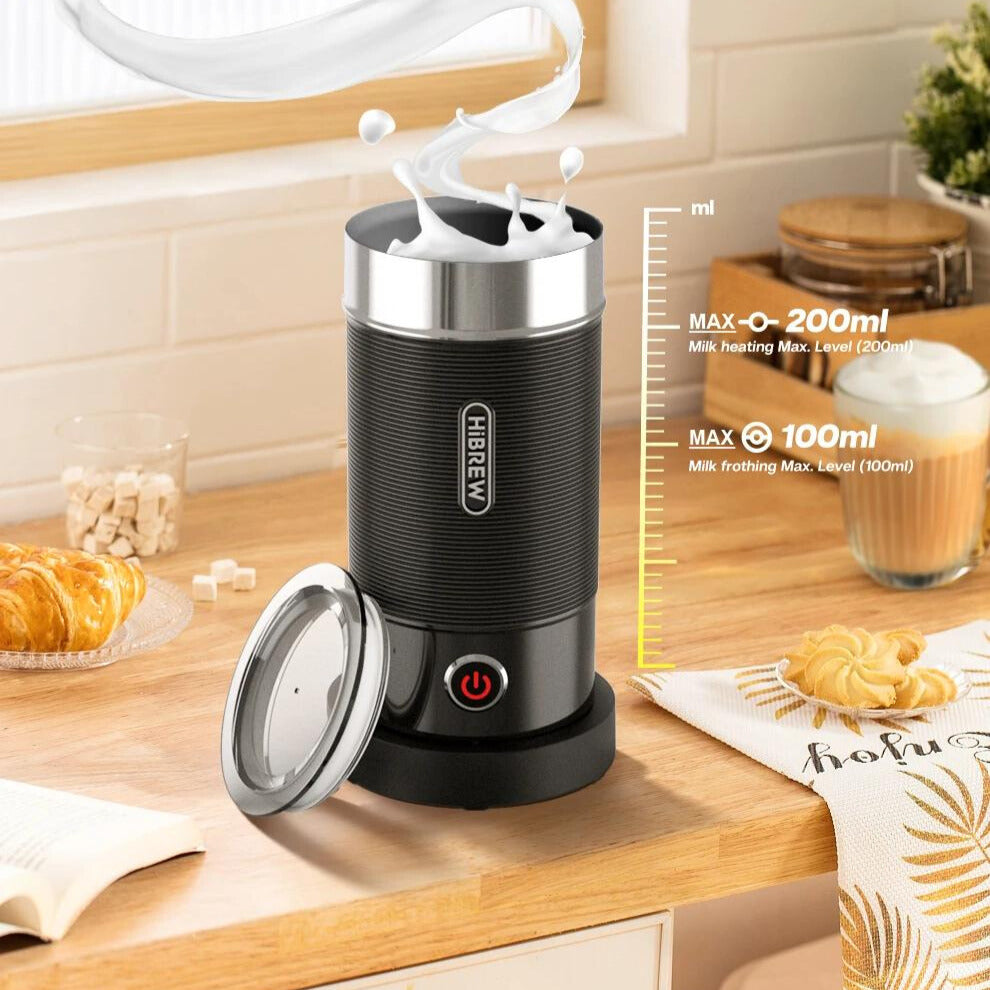 HiBREW M1A — Black milk frother open at the fill-limit markings