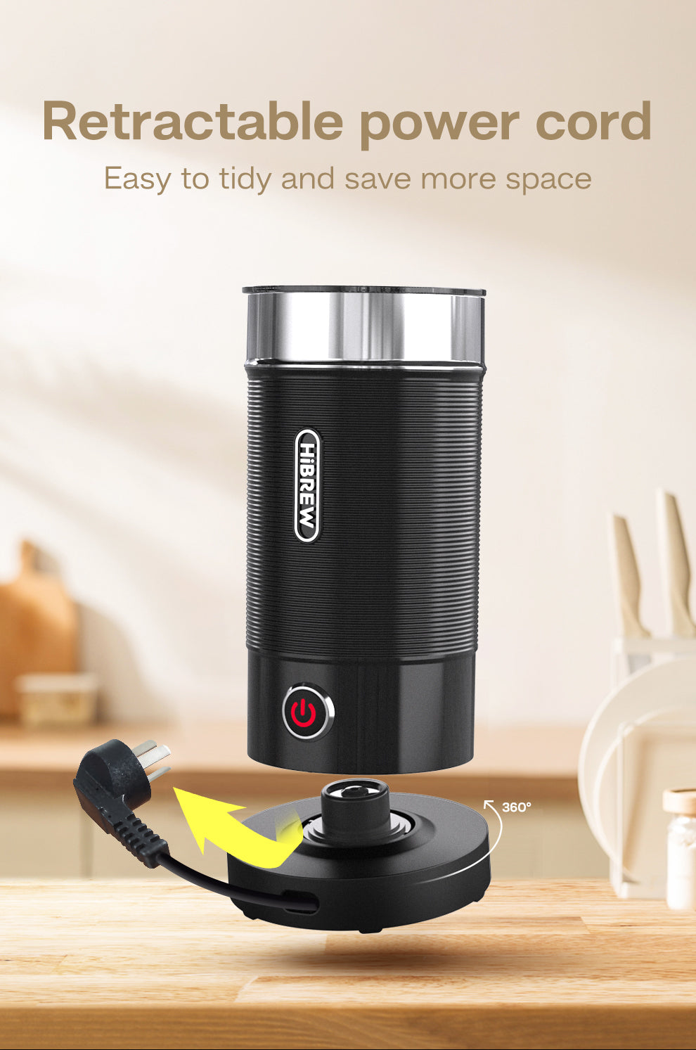 HiBREW M1A — Black milk frother lifted above its corded base