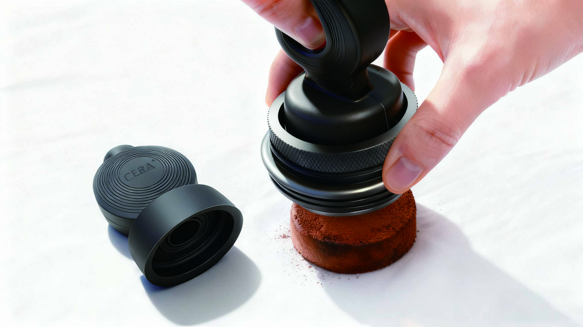 CERA+ PB01 puck ejector in manufacturer demonstration; filter basket and coffee puck are not included.