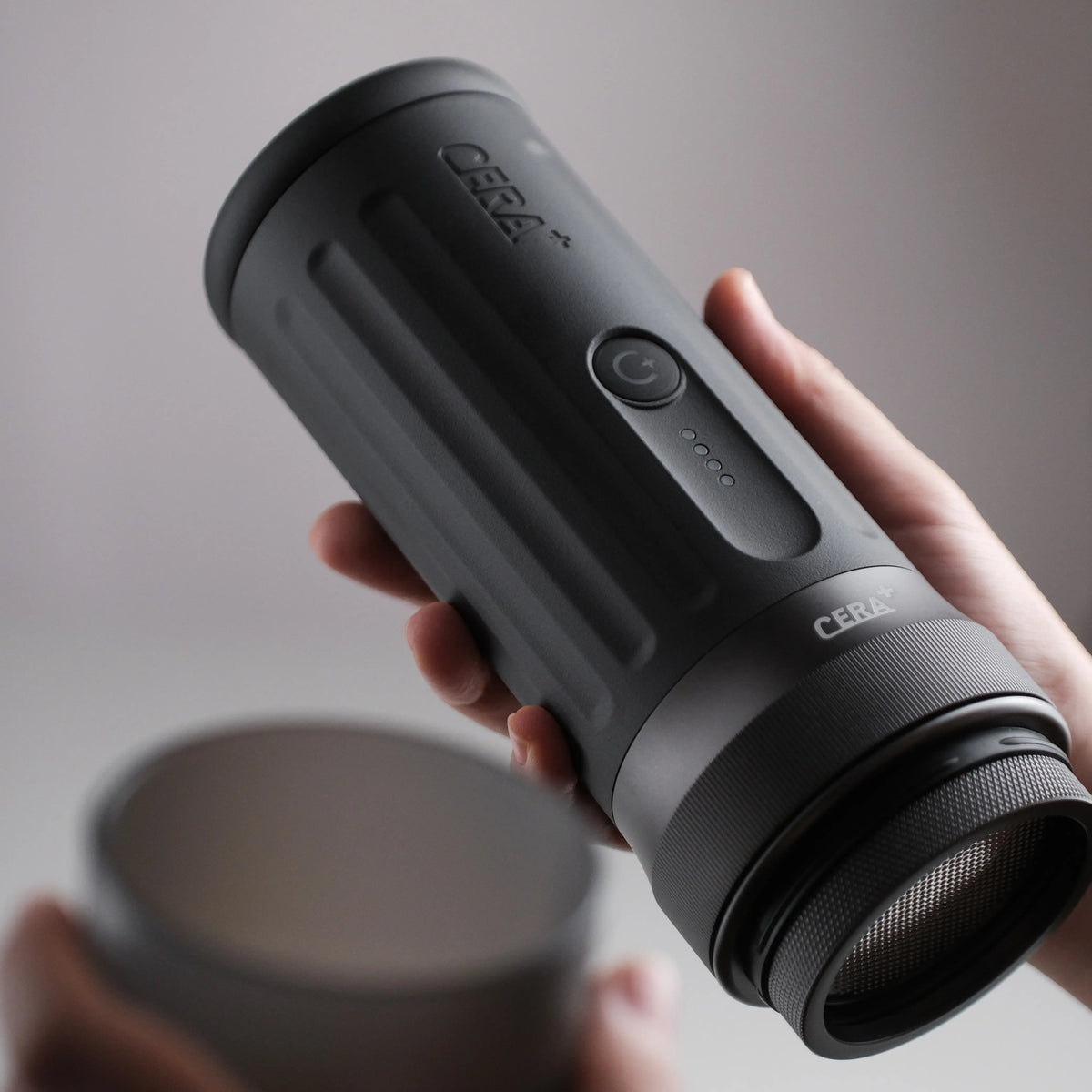 CERA+ PCM03S-MAX Space Grey: handheld close-up of body, controls and filter assembly