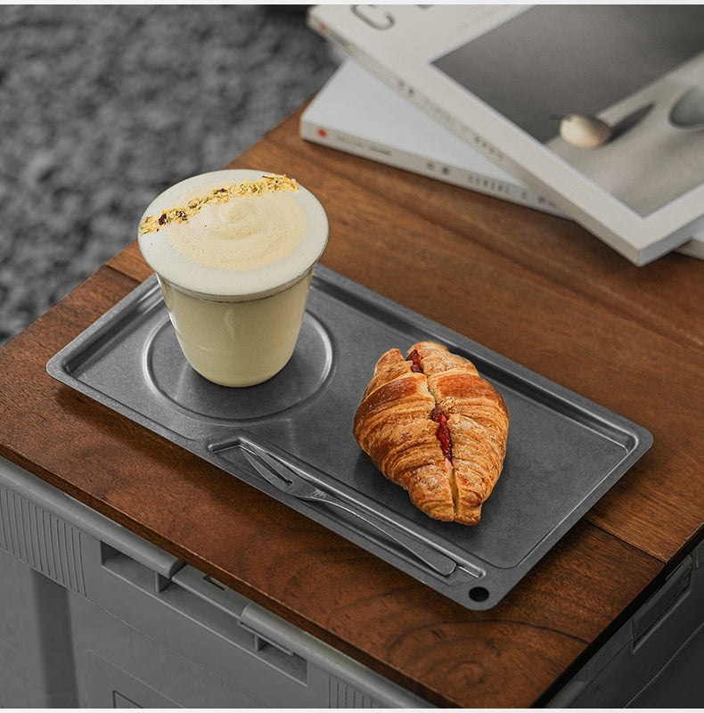 MHW-3BOMBER S5983SS silver tray with a coffee and croissant styling arrangement