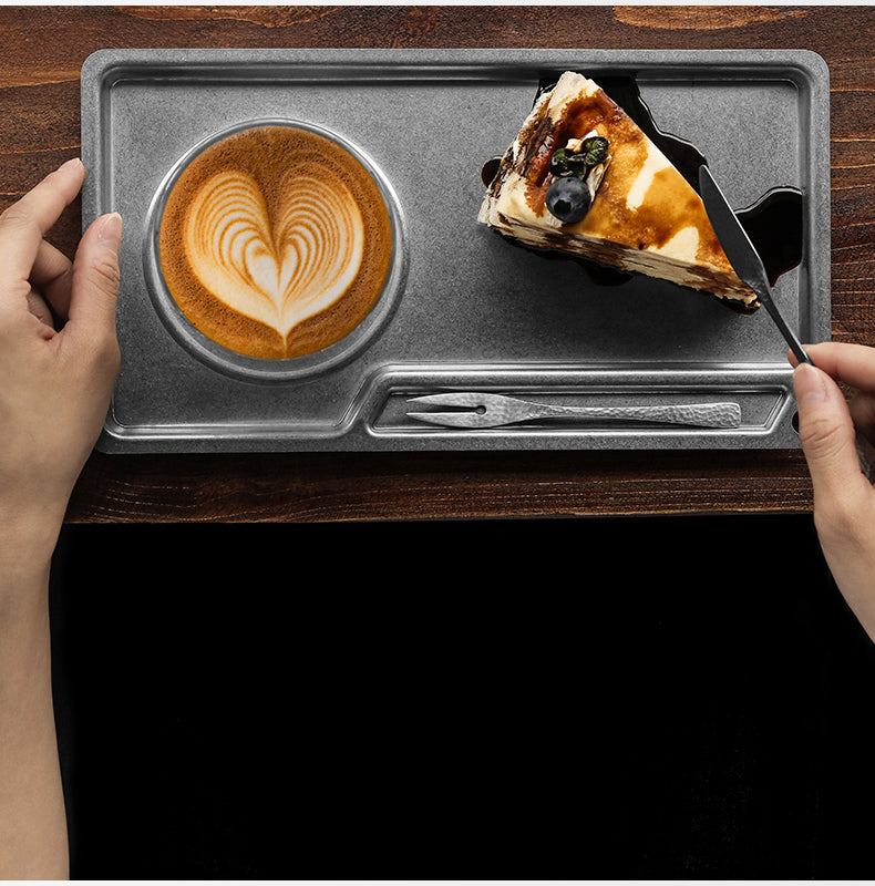 MHW-3BOMBER S5983SS silver tray held with a latte and cake