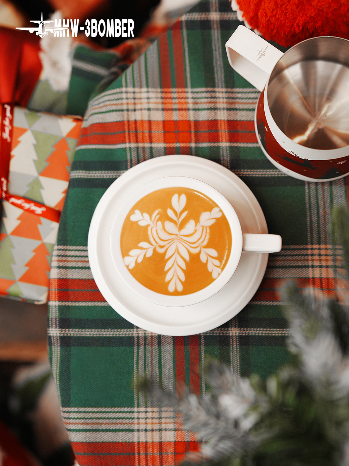 MHW-3BOMBER Sawada — 280 ml Mineral White cup and saucer from overhead; drinks, decoration and other tools are scene props