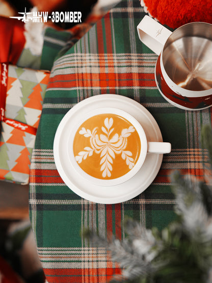 MHW-3BOMBER Sawada — 280 ml Mineral White cup and saucer from overhead; drinks, decoration and other tools are scene props