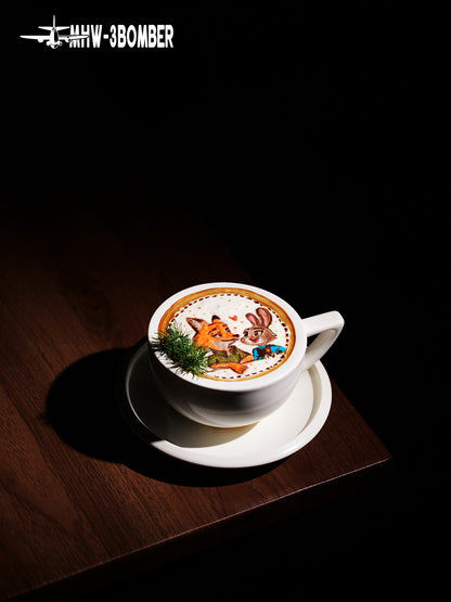 MHW-3BOMBER Sawada — 280 ml Mineral White cup and saucer with a decorated drink on a wooden table; drinks, decoration and other tools are scene props