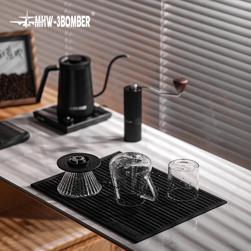 MHW-3BOMBER SP5326B Black dish drying pad with a dripper, server and glass; pictured tools and equipment not included.