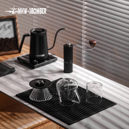 MHW-3BOMBER SP5326B Black dish drying pad with a dripper, server and glass; pictured tools and equipment not included.