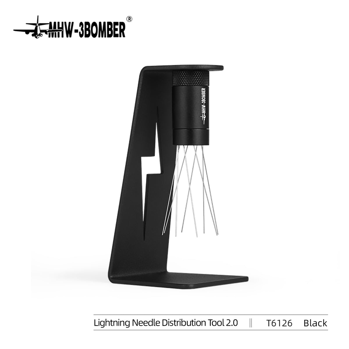MHW-3BOMBER T6126 black Lightning needle distribution tool 2.0 with its pictured storage support