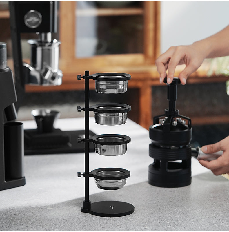 MHW-3BOMBER baskets arranged at Version A beside a separate espresso tool