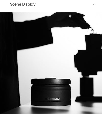 MHW-3BOMBER VC6033 black coffee canister beside brewing equipment
